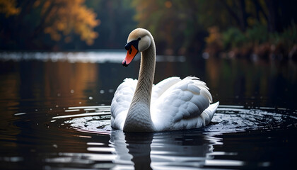 Naklejka premium A majestic swan glides gracefully on a calm lake, surrounded by autumn foliage.