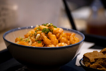 a bowl or portion of piping hot Taiwanese traditional snack – shrimp rice