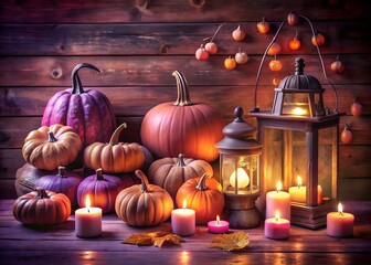 Obraz premium Cozy halloween still life with pumpkins, lanterns, and candles on a rustic wooden table, creating a warm and festive atmosphere for the autumn season