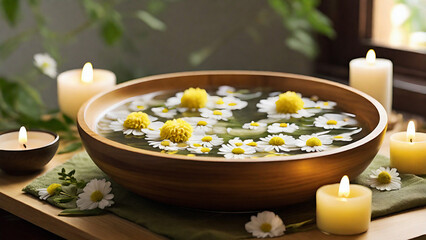 A serene home spa scene with a wooden bowl filled with warm herbal water and floating chamomile flowers
