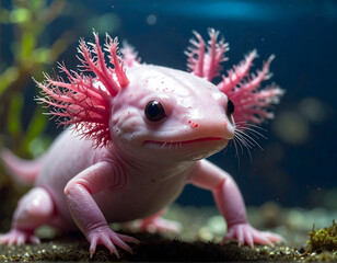 A close-up of an axolotl, showcasing its unique features and delicate pink coloration.