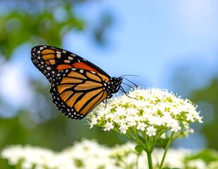 Fototapeta premium Monarch butterfly on a cluster of white flowers