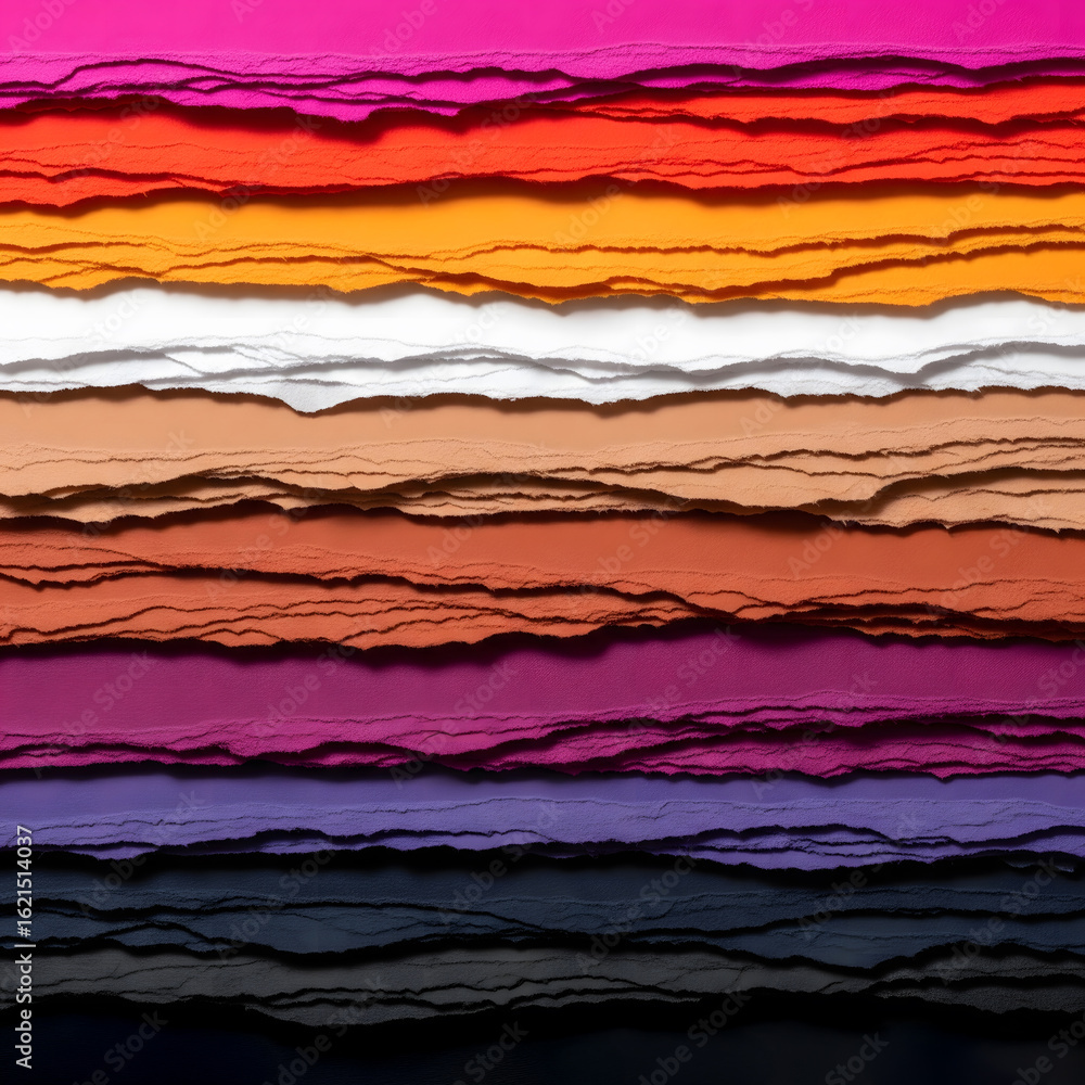 Poster a full-frame view of multiple layers of brightly colored paper with torn, jagged edges creating a ri