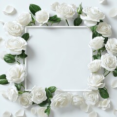 White roses frame empty space, studio.  Possible use design template