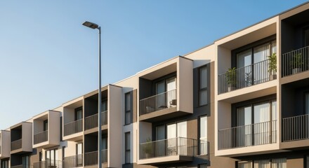Obraz premium Modern apartment building facade with balconies and street lamp