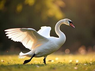 A majestic swan takes flight, bathed in warm sunlight, wings spread wide, creating a serene and beautiful scene.