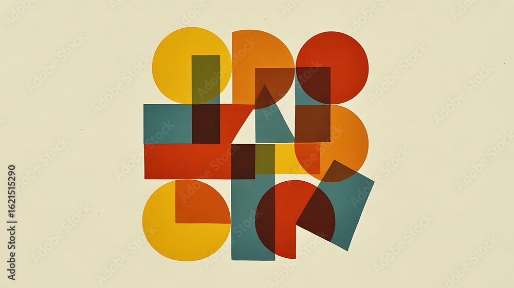 Poster geometric abstract composition with circles squares and rectangles in warm colors pattern shape