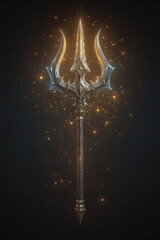 A divine trident with glowing tips, ancient engravings along the shaft, radiating energy, surrounded by a mystical aura, floating in the air