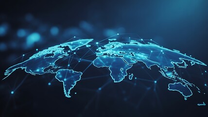 Glowing blue digital world map with interconnected nodes and lines globe earth