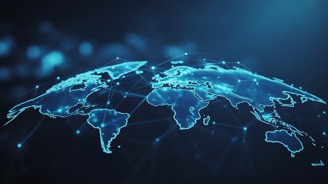 Fototapeta Glowing blue digital world map with interconnected nodes and lines globe earth