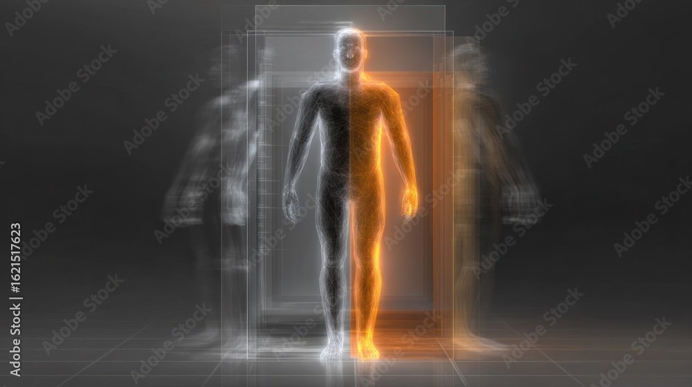 Poster sharp bmi chart details occupy center frame set against a diffused bodyfat scanner figure reflecting