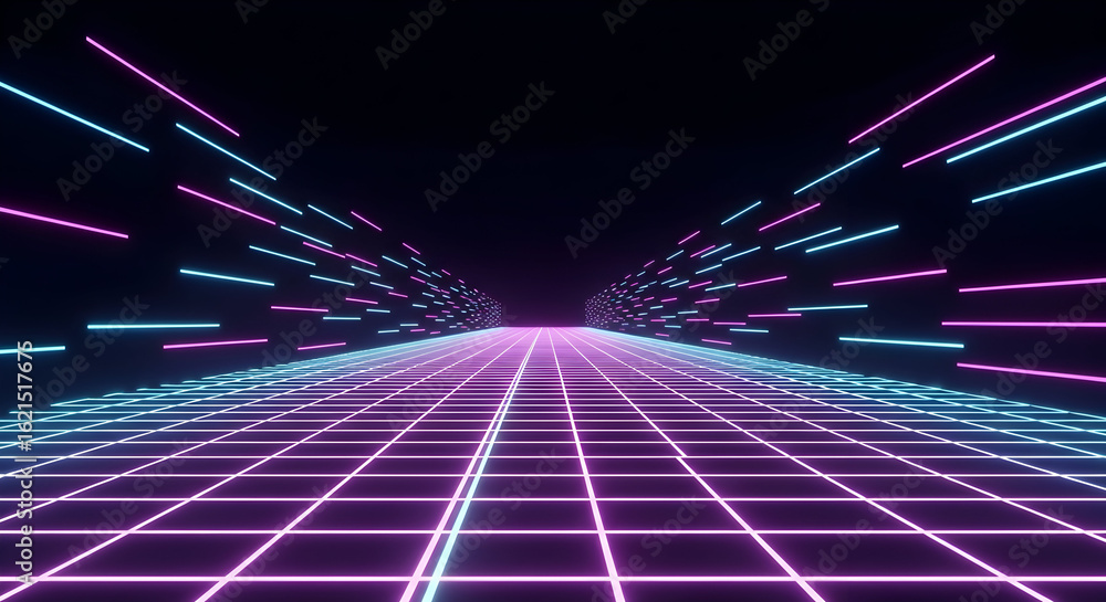 Poster synthwave retro background neon grid and lights abstract texture futuristic design digital art sci-f