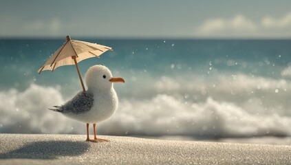 Small seagull with umbrella on beach