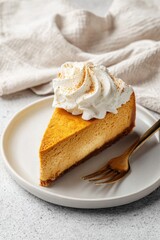Elegant minimal photo of pumpkin cheesecake slice, clean white plate with no distractions.