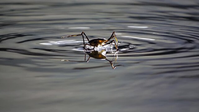 Delicate water strider generating mesmerizing concentric ripples across tranquil water surface, reflecting shimmering sunlight with graceful leg movements
