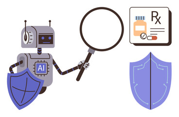 Naklejka na ściany i meble Robot with AI label using magnifying glass, shield for cyber protection, observing medicine prescription. Ideal for healthcare, digital safety, AI innovation, data analysis, cybersecurity, medical