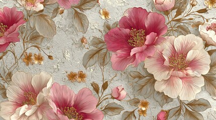Artistic floral pattern with blooming pink flowers against a textured, neutral backdrop