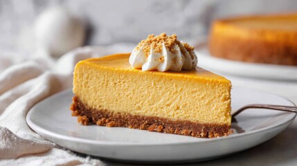 Elegant minimal photo of pumpkin cheesecake slice, clean white plate with no distractions.