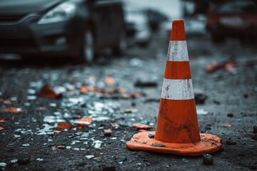 Orange traffic cone amidst shattered glass on asphalt