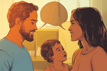 Family Interaction with Child and Speech Bubble Illustration