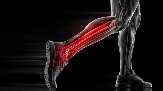 Dynamic graphic of a runners lower leg displaying the red stripe sensation caused by shin splints on the tibia front.