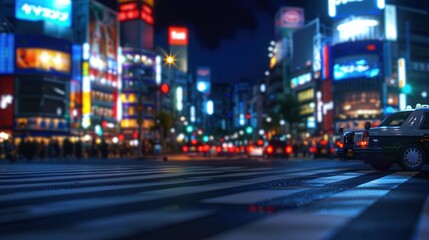 Obraz premium Cityscape at night with illuminated buildings and blurred street lights