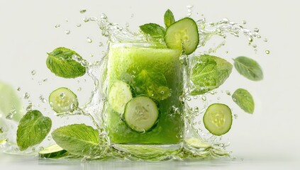 Fresh cucumber and mint smoothie with water splashes