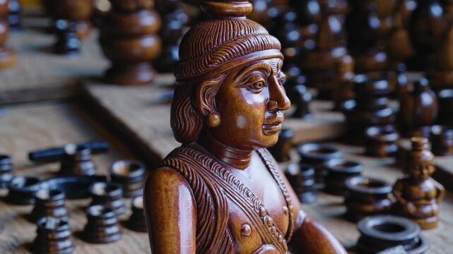 Wooden chess king statue, handcrafted with intricate details, displayed among other chess pieces in a workshop, showcasing traditional craftsmanship