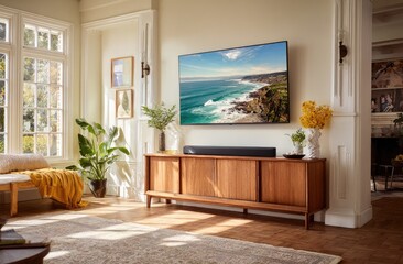 TV mounted on wall,  sound bar on wooden cabinet, sunlit room