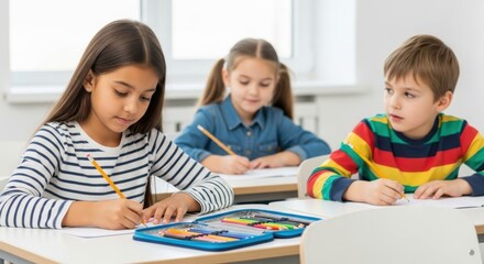 Fototapeta premium Children focused on writing and drawing during a classroom lesson