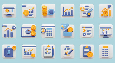 Fototapeta premium 3D Rendered Icons of Financial Growth and Business Analysis.