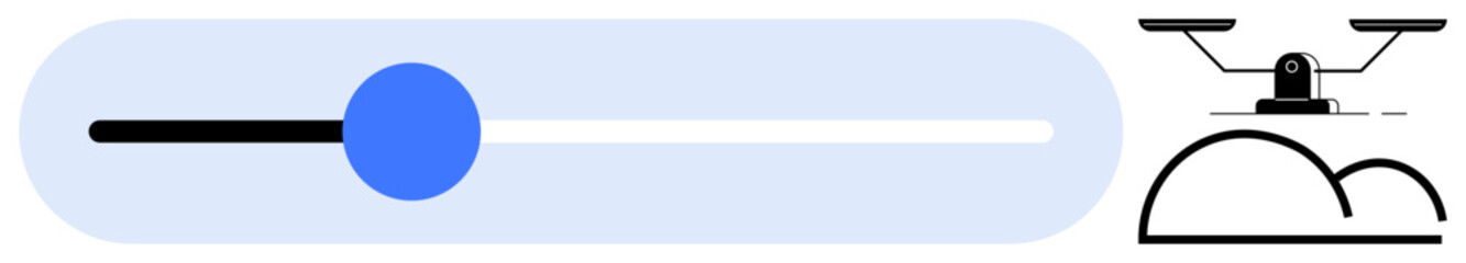 Obraz premium Blue slider on horizontal line paired with scale and cloud elements, emphasizing progress, choice, or balance. Ideal for comparison, moderation, priority setting, decision-making, equilibrium