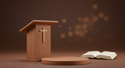 A wooden podium with a cross and an open Bible. Soft lighting adds a spiritual atmosphere.