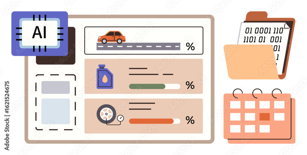 Poster ai dashboard with a car, performance metrics, oil and tire status, coding file, and calendar. ideal 