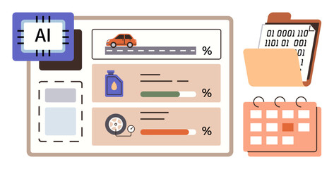 AI dashboard with a car, performance metrics, oil and tire status, coding file, and calendar. Ideal for technology, automation, data analysis, smart systems machine learning fleet management
