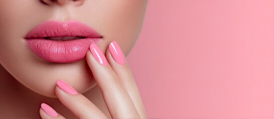 Obraz premium Woman's face, pink lips and nails, studio shot