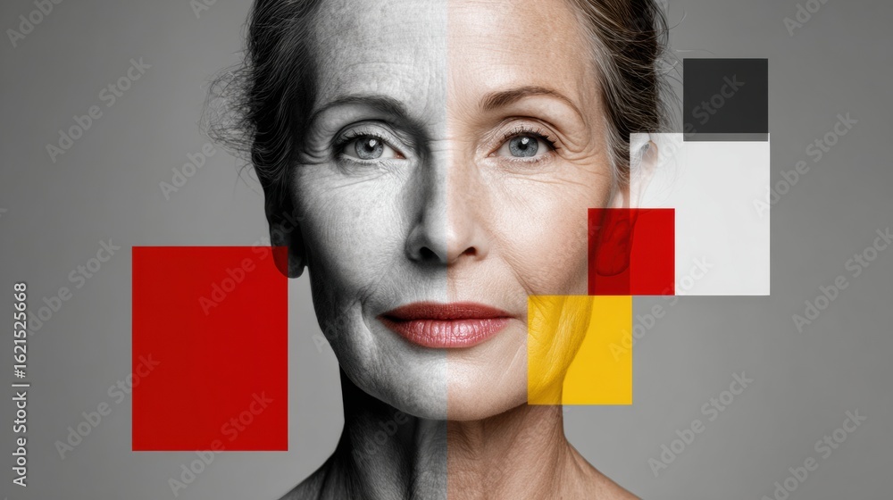 Poster visual representation of skin rejuvenation showing aging skin transformed with treatment using bold 