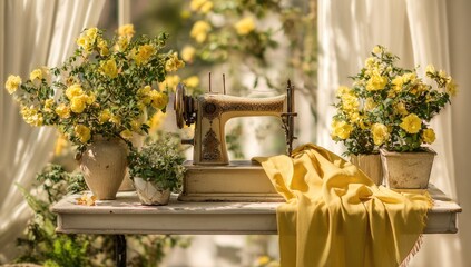 Vintage sewing machine amidst yellow roses