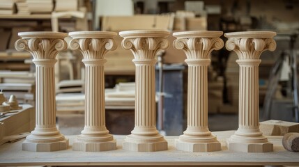 Five Exquisitely Carved Wooden Columns in a Workshop