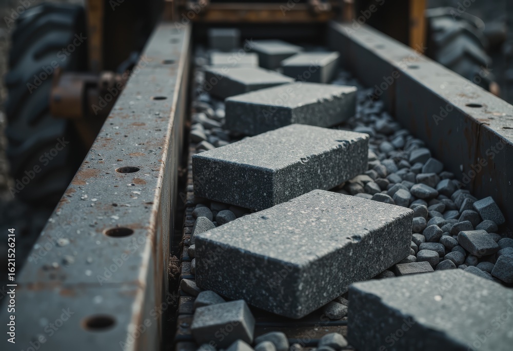 Poster conveyor belt transporting stone blocks in a quarry setting