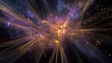 Cosmic explosion of colors, radiating energy, with vibrant blues, purples, and oranges, on dark background