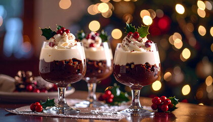 Delicious trifle desserts, decorated with holly and berries, set against a Christmas tree backdrop.