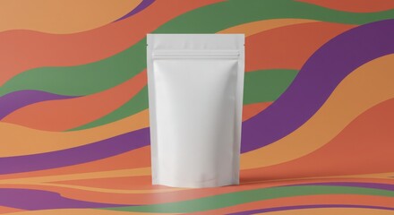Plain white stand-up pouch mockup, abstract wavy lines background, vibrant, modern