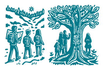 Nature Exploration and Community Connection in Outdoor Adventure Illustration