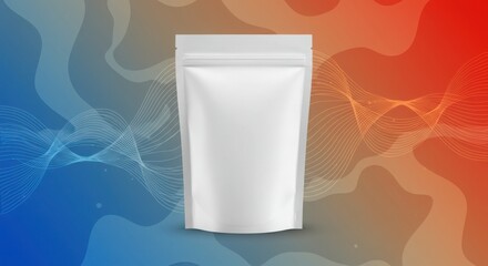 Plain white stand-up pouch mockup, abstract wavy lines background, vibrant, modern