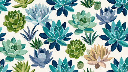 Stylized succulent plant pattern in teal and green hues