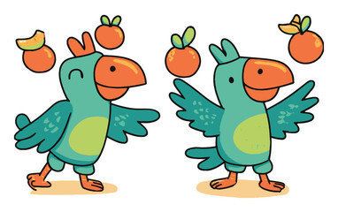 Obraz premium Colorful Cartoon Parrots Juggling Fruits with Playful Expressions and Style
