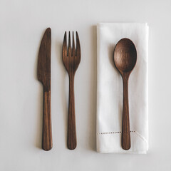 Wooden Cutlery Set and Napkin Mockup on White Background