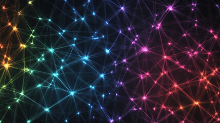 An abstract, multicolored network of interconnected sparkling points on a dark background