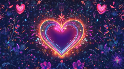 Vibrant, symmetrical artwork features a glowing heart, floral motifs, and colorful highlights